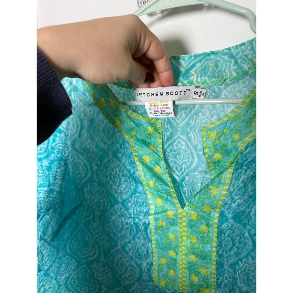 Gretchen Scott Blue Green Floral Silk Sheer Flowy Tunic Top Women's Size Small - Picture 4 of 8